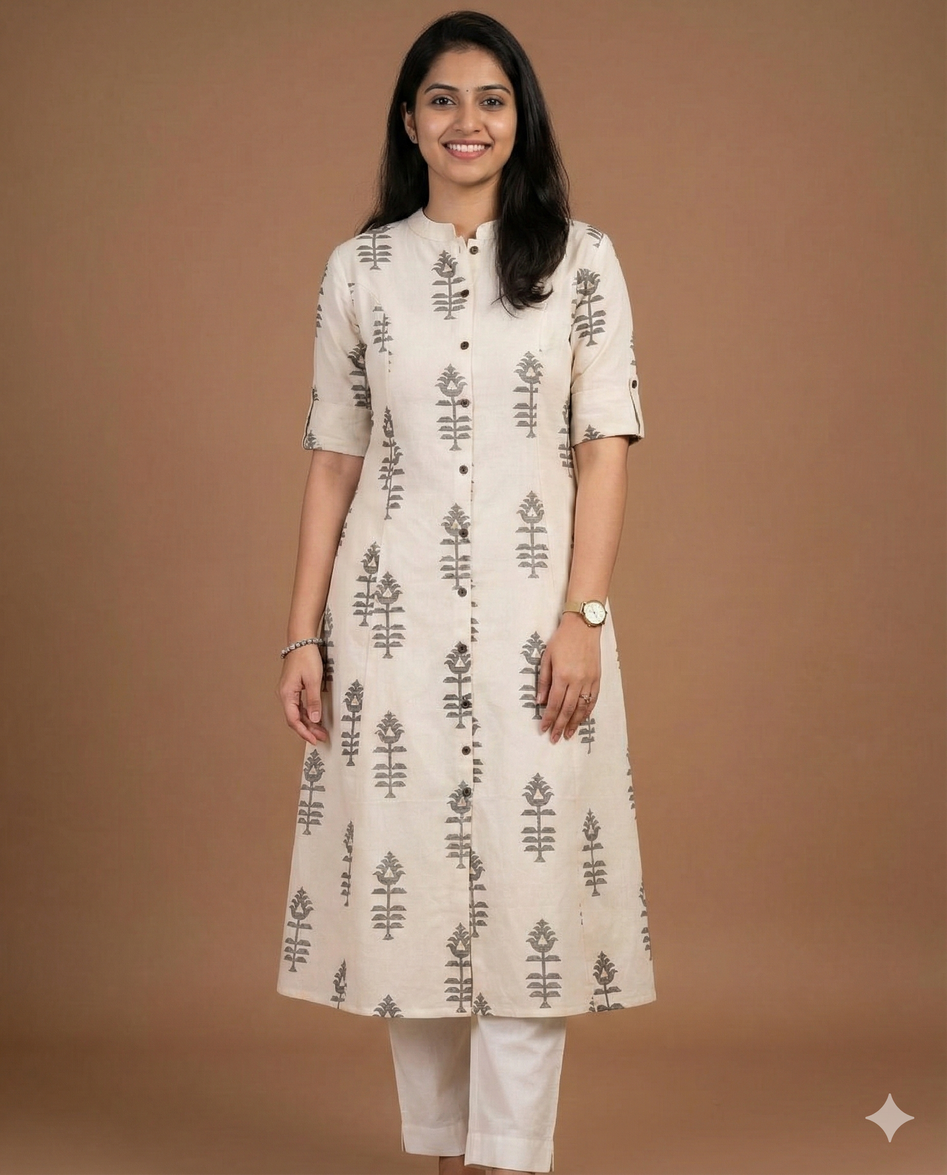 Ivory Handblock Print Cotton Straight Kurta Set Main image