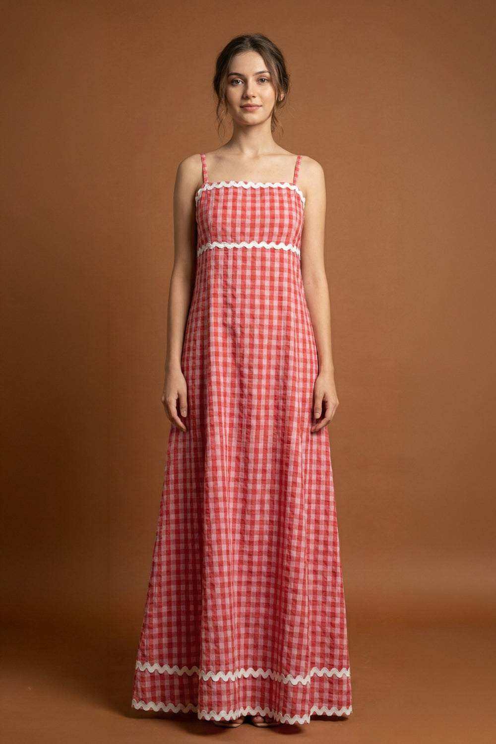 Pink Gingham Maxi Dress with Lace Trim