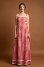 Pink Gingham Maxi Dress with Lace Trim