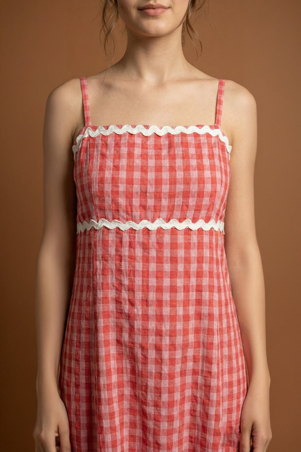 Pink Gingham Maxi Dress with Lace Trim