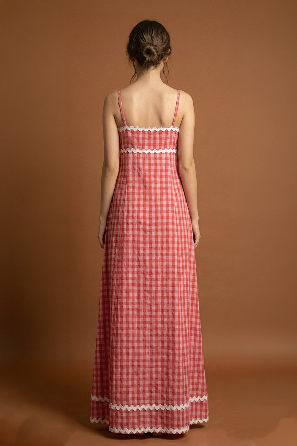 Pink Gingham Maxi Dress with Lace Trim Secondary image