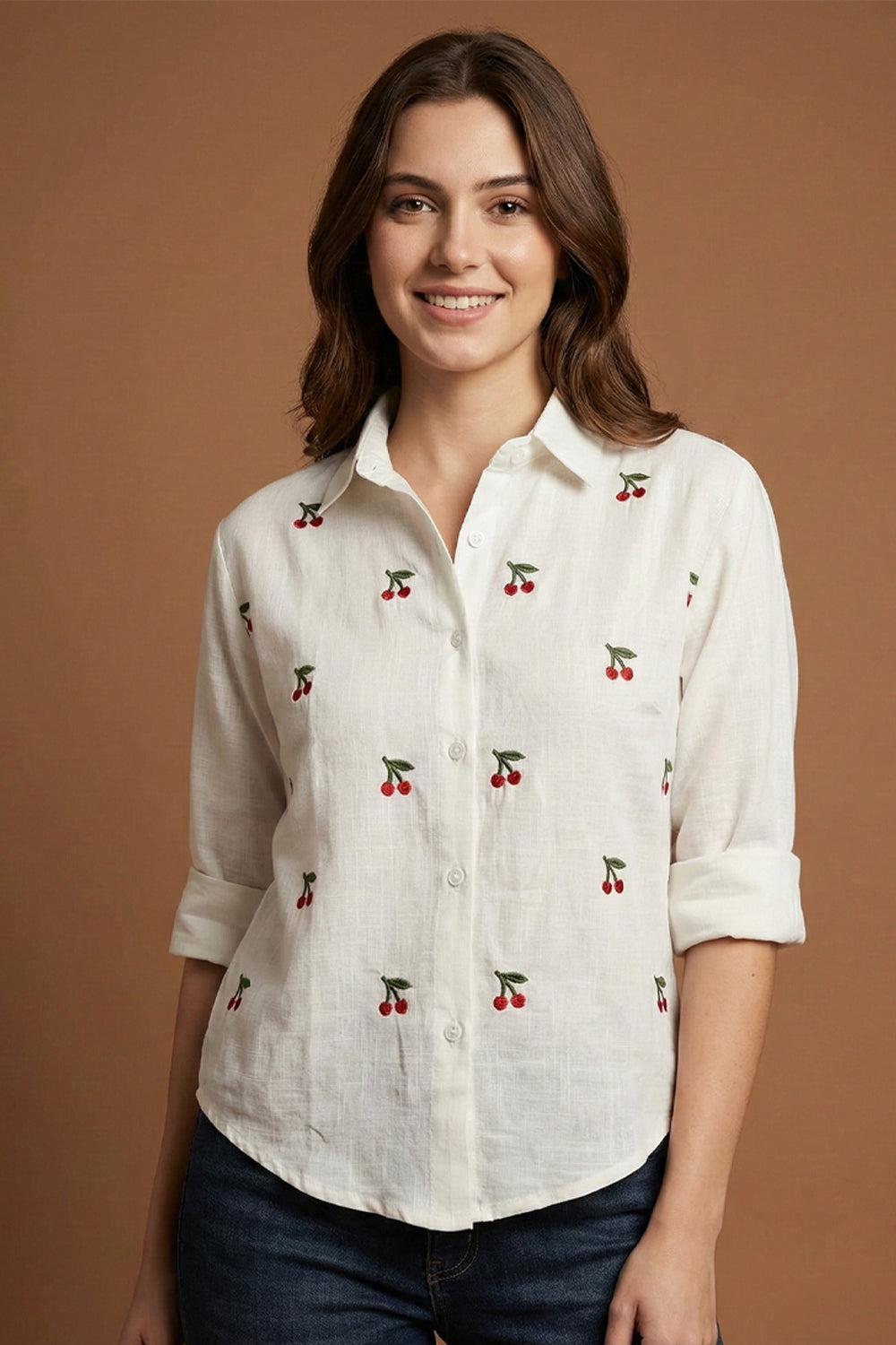 White Cherry Embroidered Button-Down Top Main image