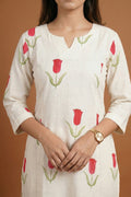 Ivory Floral Print Cotton Kurta Set with Red Tulip Motifs
