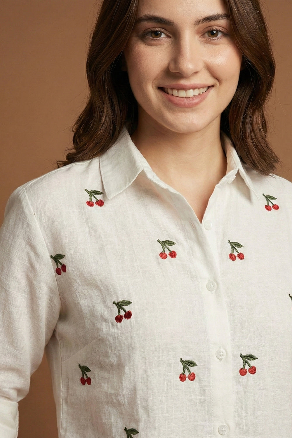 White Cherry Embroidered Button-Down Top