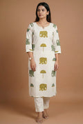 Ivory Handblock Print Cotton Kurta Set with Elephant Motifs