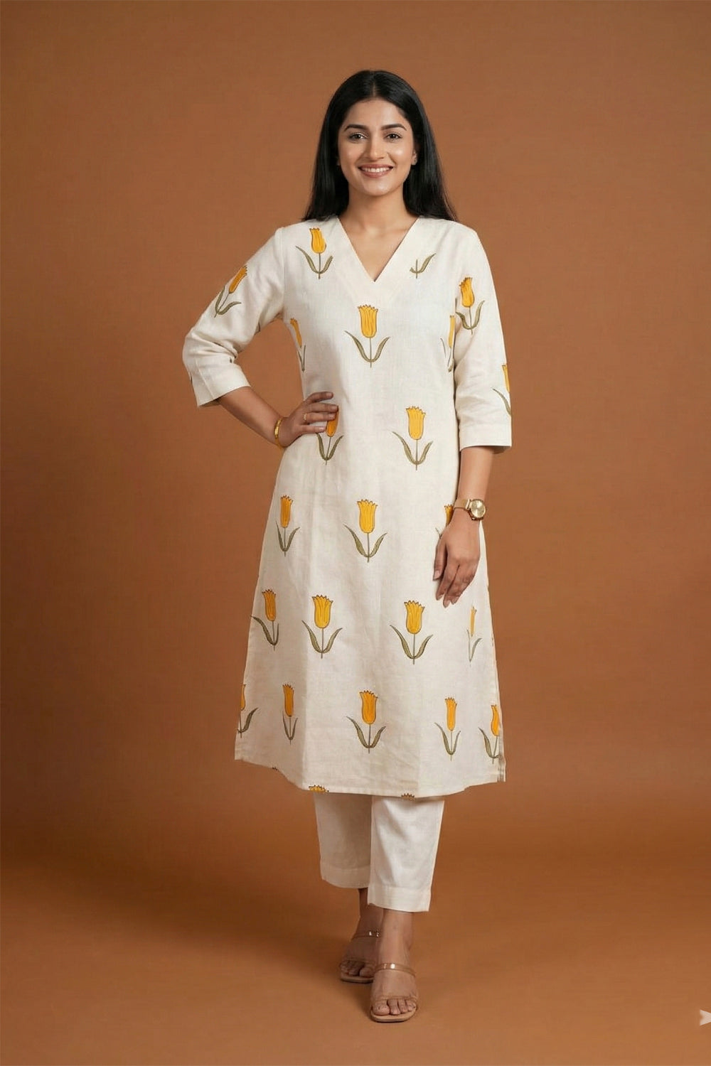 Ivory Tulip Print Cotton Straight Kurta Set