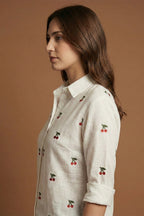 White Cherry Embroidered Button-Down Top