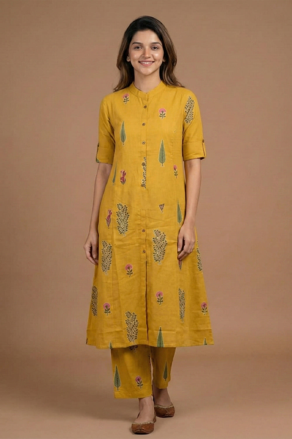 Mustard Floral Print Cotton Straight Kurta Set