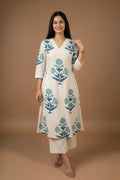 Ivory & Blue Handblock Print Cotton Kurta Set with Floral Motifs