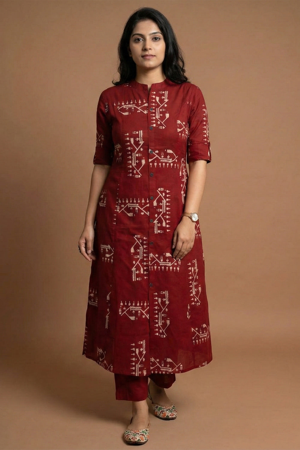 Maroon Tribal Print Straight Kurta Set